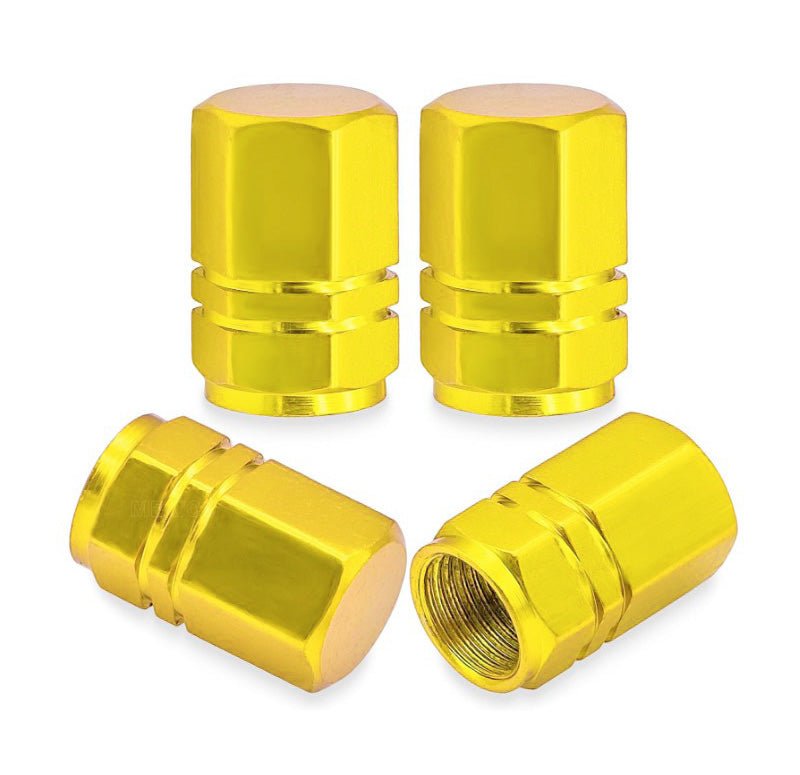 Gold Hex Aluminum Tire Valve Caps - Sets of 4, 8, 12 or 20 - Universal, Fits on all Vehicles