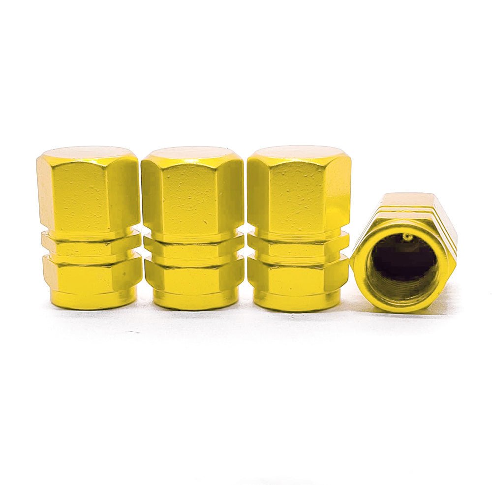 Gold Hex Aluminum Tire Valve Caps - Sets of 4, 8, 12 or 20 - Universal, Fits on all Vehicles