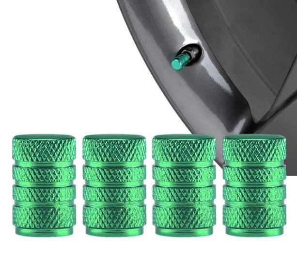 Green Barrel Aluminum Tire Valve Caps - Universal, Fits on all Vehicles