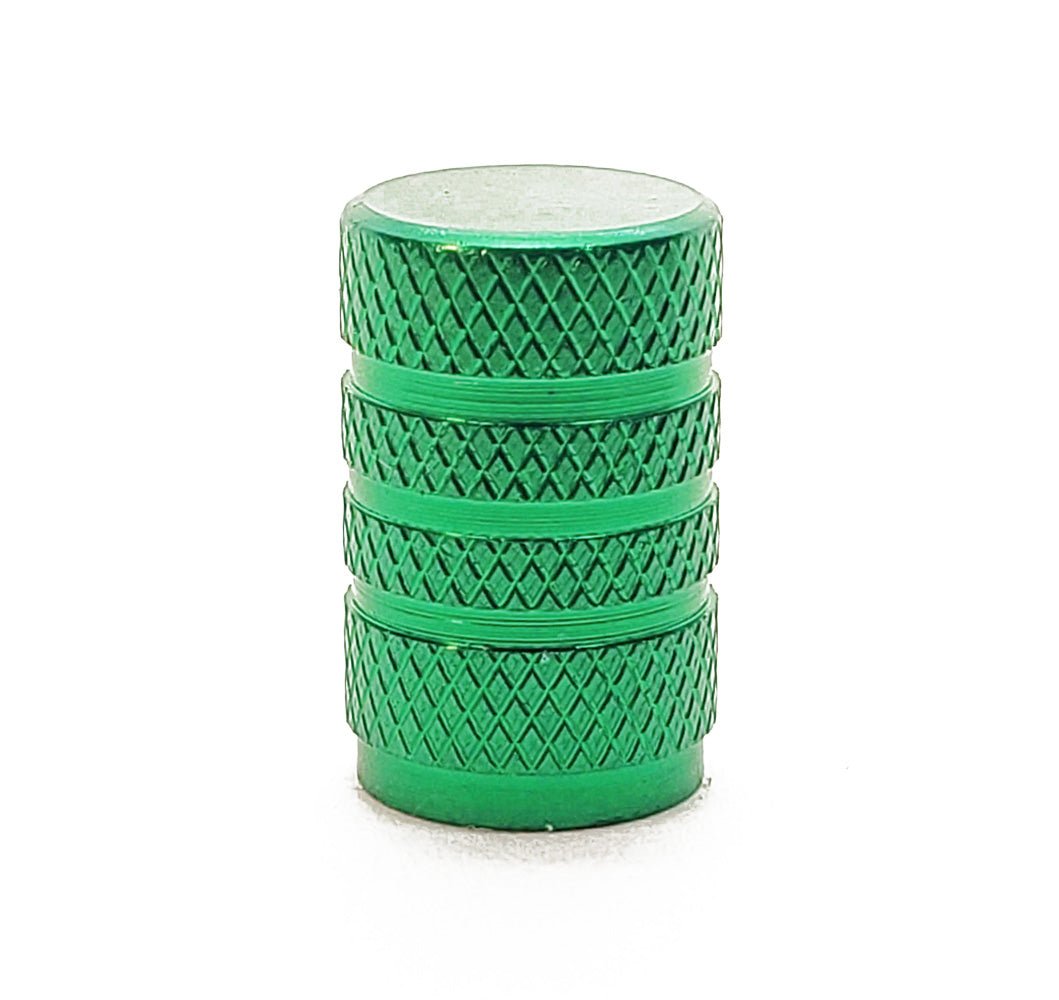 Green Barrel Aluminum Tire Valve Caps - Universal, Fits on all Vehicles