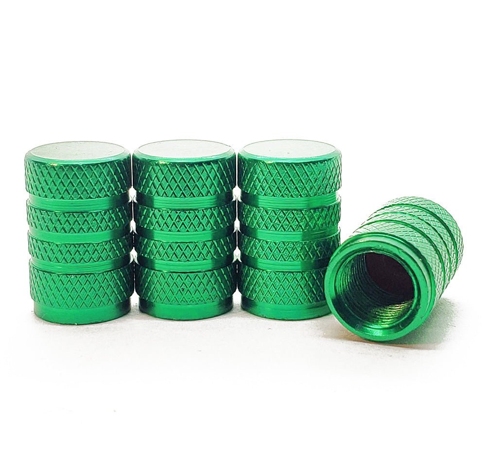 Green Barrel Aluminum Tire Valve Caps - Universal, Fits on all Vehicles