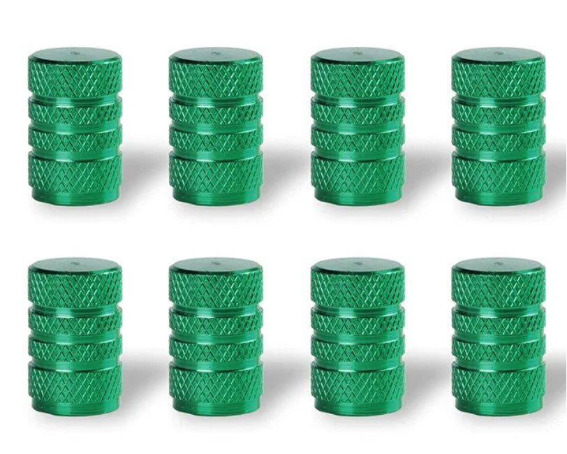 Green Barrel Aluminum Tire Valve Caps - Universal, Fits on all Vehicles