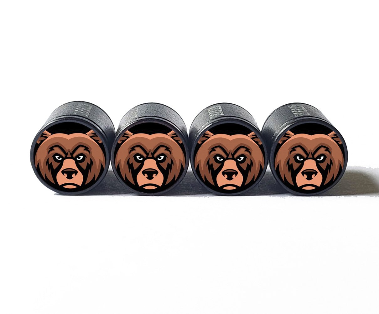 Grizzly Bear Face Tire Valve Caps - Black Aluminum - Set of Four