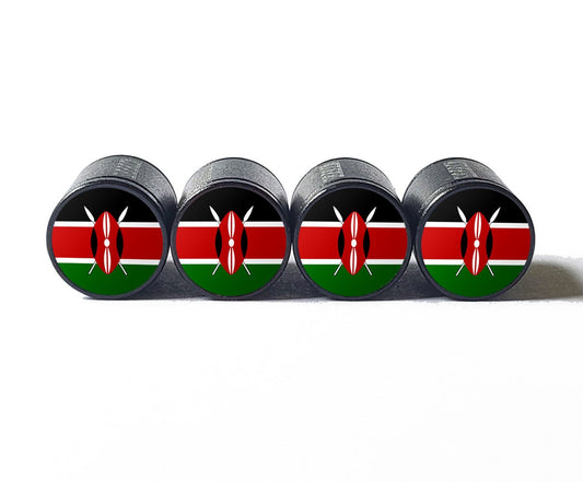 Kenya Kenyan Flag Tire Valve Stem Caps - Black Aluminum - Set of Four