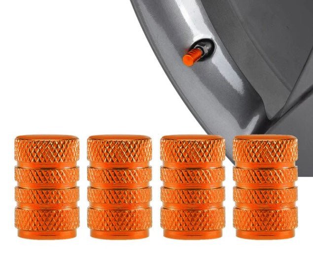 Orange Barrel Aluminum Tire Valve Caps - Universal, Fits on all Vehicles