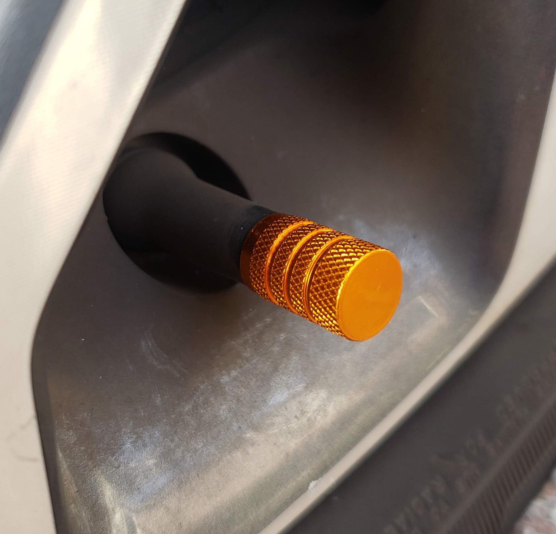 Orange Barrel Aluminum Tire Valve Caps - Universal, Fits on all Vehicles