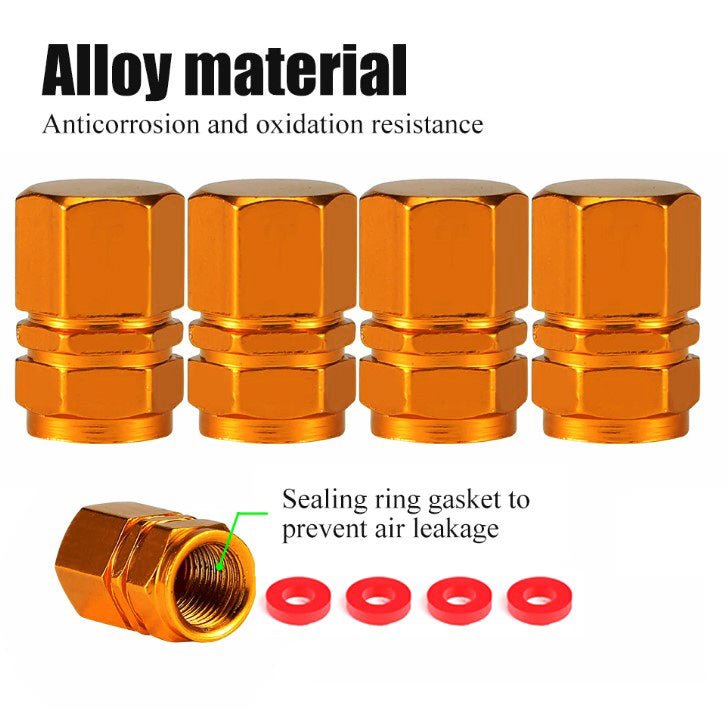 Orange Hex Aluminum Tire Valve Caps - Universal, Fits on all Vehicles