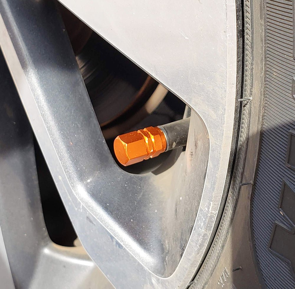 Orange Hex Aluminum Tire Valve Caps - Universal, Fits on all Vehicles