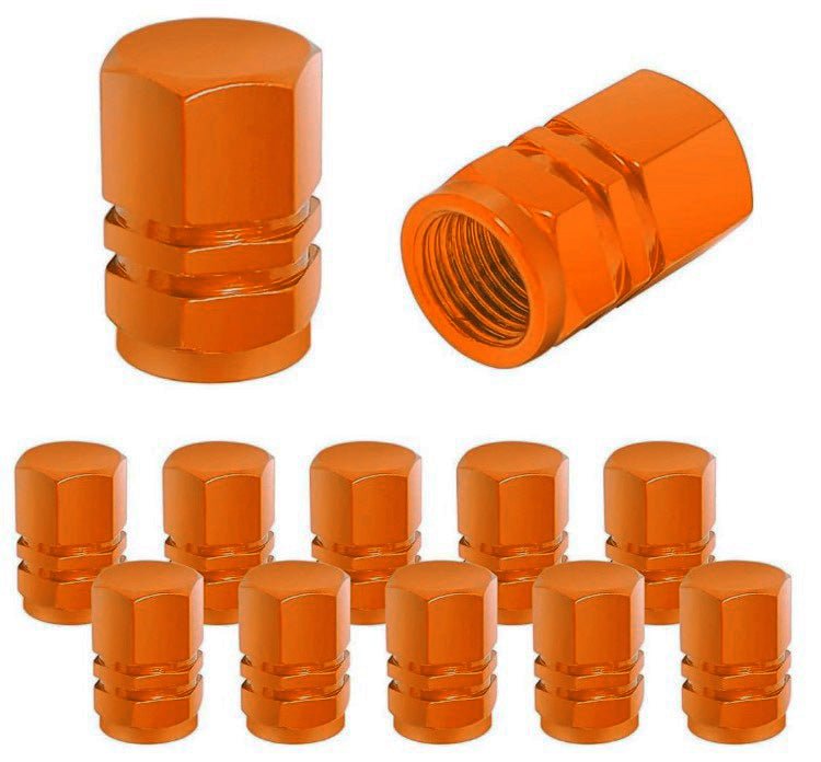 Orange Hex Aluminum Tire Valve Caps - Universal, Fits on all Vehicles