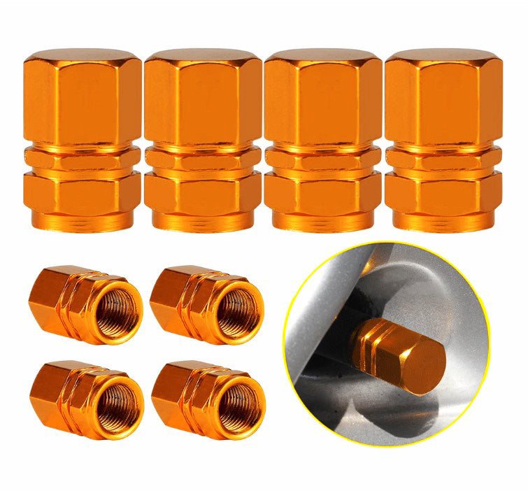 Orange Hex Aluminum Tire Valve Caps - Universal, Fits on all Vehicles