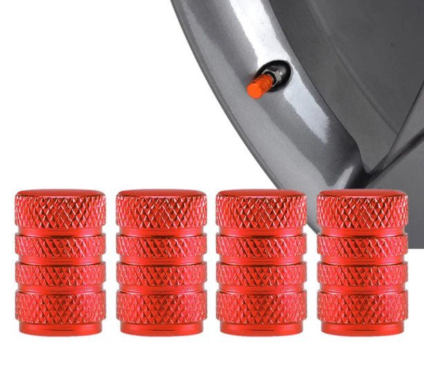 Red Barrel Aluminum Tire Valve Caps - Universal, Fits on all Vehicles