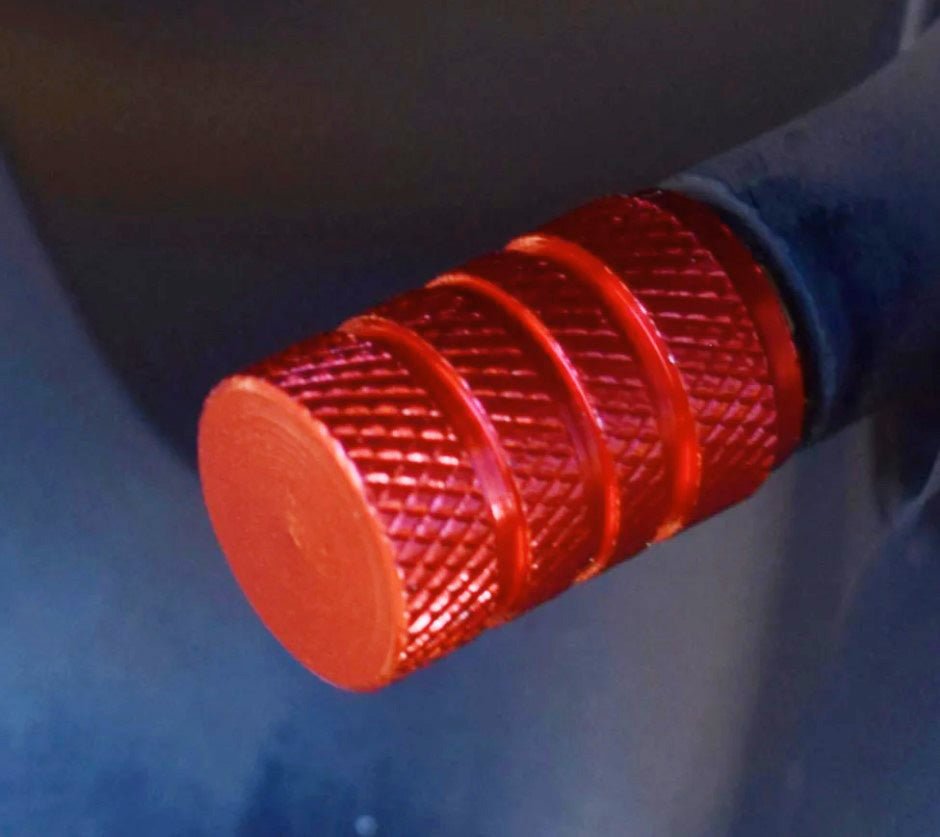 Red Barrel Aluminum Tire Valve Caps - Universal, Fits on all Vehicles