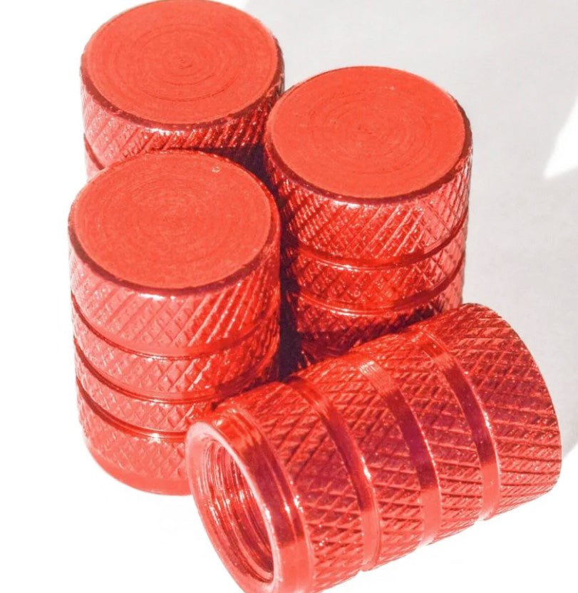 Red Barrel Aluminum Tire Valve Caps - Universal, Fits on all Vehicles