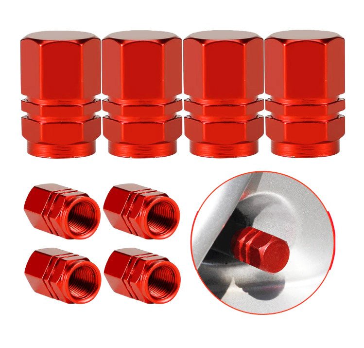 Red Hex Aluminum Tire Valve Caps - Universal, Fits on all Vehicles