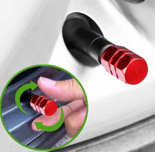 Red Hex Aluminum Tire Valve Caps - Universal, Fits on all Vehicles