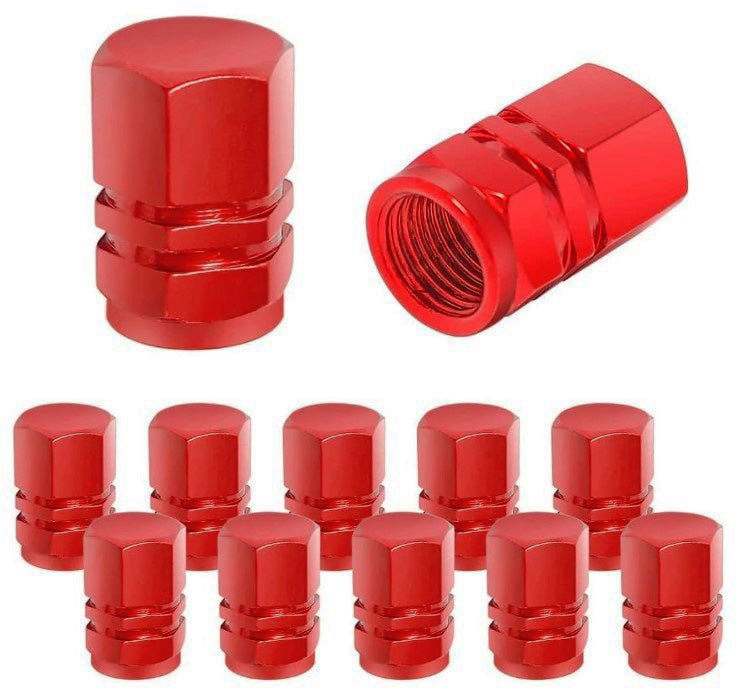 Red Hex Aluminum Tire Valve Caps - Universal, Fits on all Vehicles