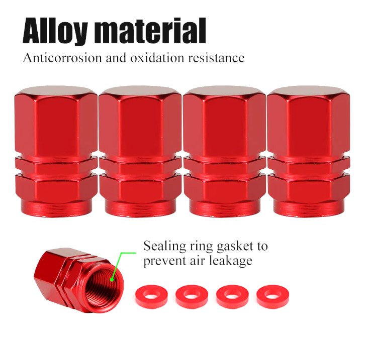 Red Hex Aluminum Tire Valve Caps - Universal, Fits on all Vehicles