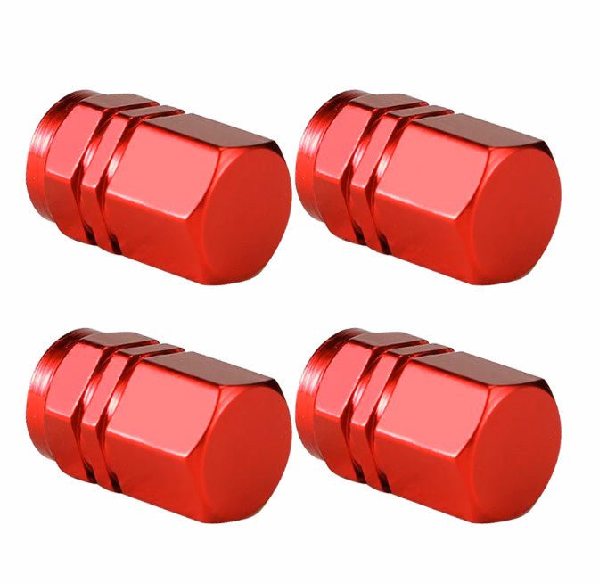 Red Hex Aluminum Tire Valve Caps - Universal, Fits on all Vehicles