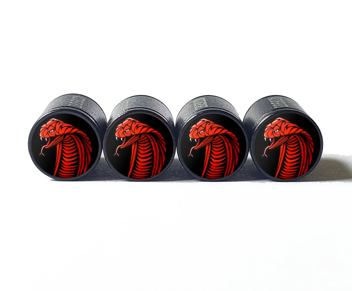 Red King Cobra Snake Tire Valve Caps - Black Aluminum - Set of Four