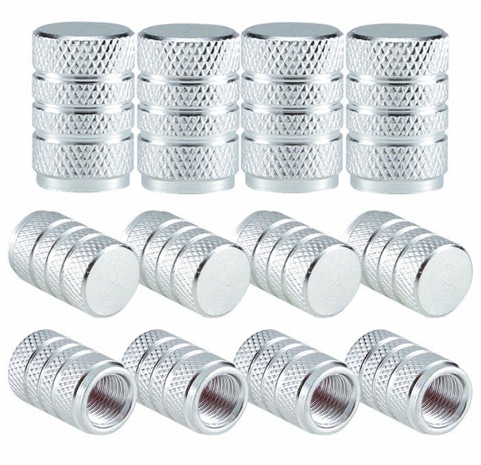 Silver Barrel Aluminum Tire Valve Caps - Universal, Fits on all Vehicles