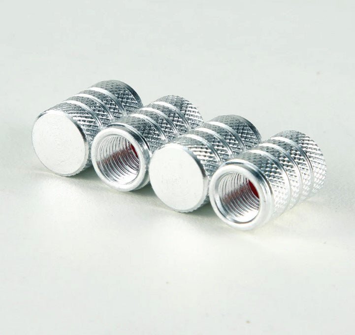 Silver Barrel Aluminum Tire Valve Caps - Universal, Fits on all Vehicles