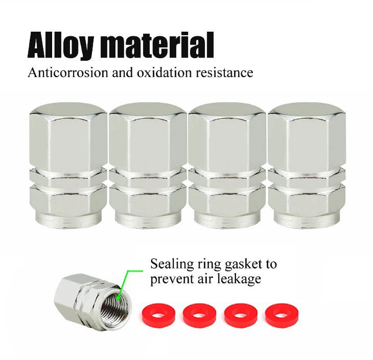 Silver Hex Aluminum Tire Valve Caps - Universal, Fits on all Vehicles