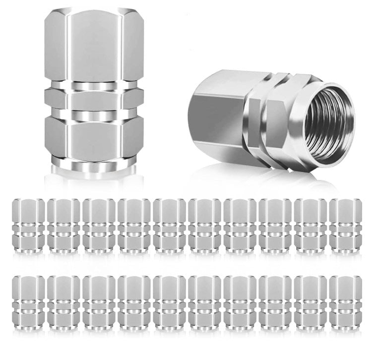 Silver Hex Aluminum Tire Valve Caps - Universal, Fits on all Vehicles