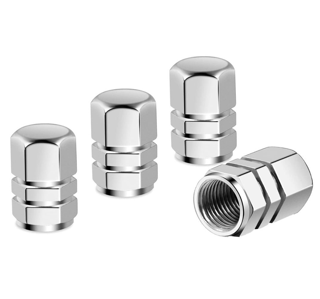 Silver Hex Aluminum Tire Valve Caps - Universal, Fits on all Vehicles