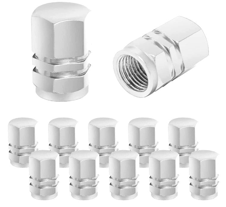 Silver Hex Aluminum Tire Valve Caps - Universal, Fits on all Vehicles