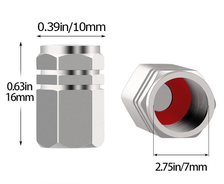 Silver Hex Aluminum Tire Valve Caps - Universal, Fits on all Vehicles