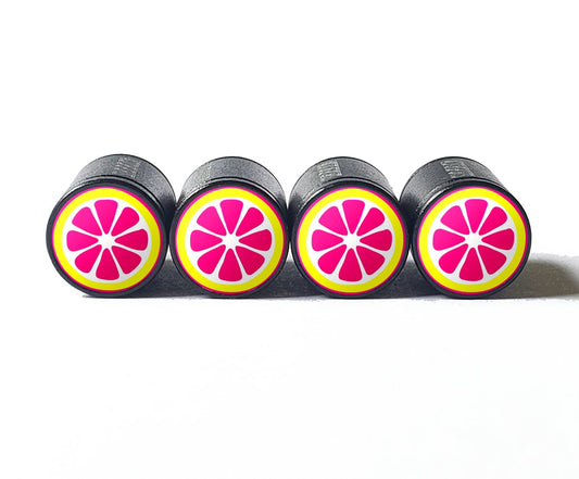 Sliced Pink Grapefruit Tire Valve Caps - Black Aluminum - Set of Four