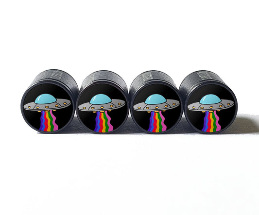 UFO Spaceship with Rainbow Rays Tire Valve Caps - Black Aluminum - Set of Four