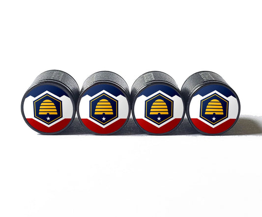 Utah State Flag Tire Valve Caps - Black Aluminum - Set of Four