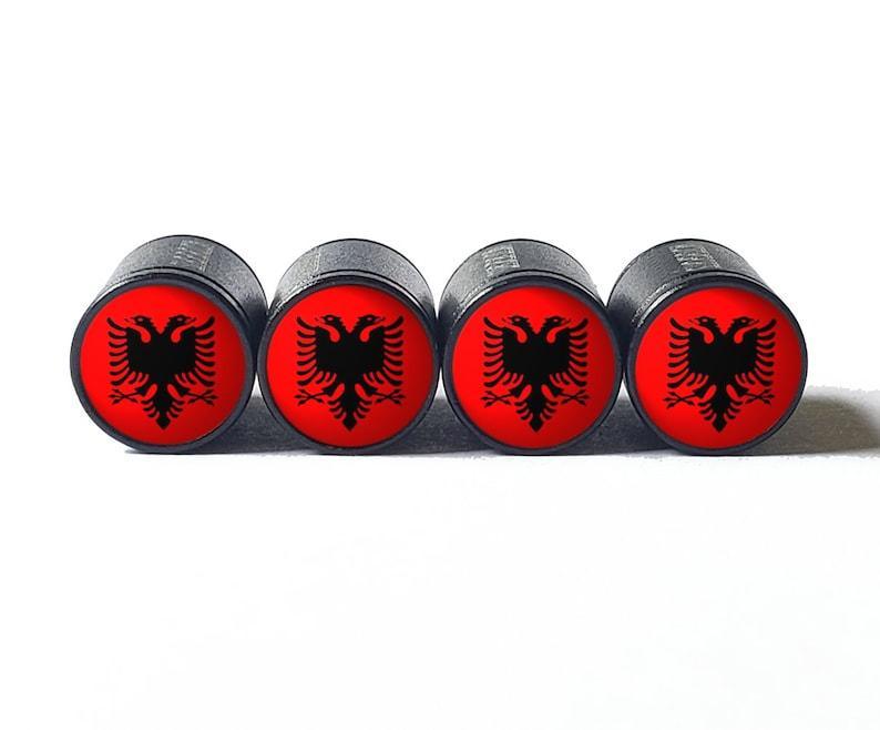 Albania Flag Tire Valve Stem Caps - Black Aluminum - Set of Four