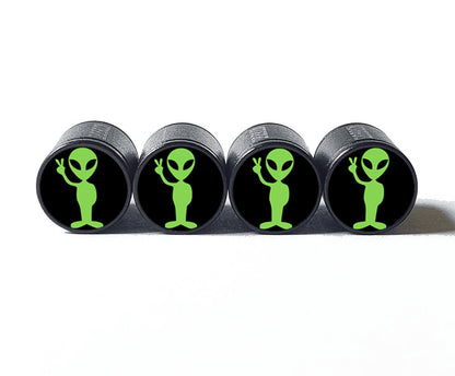 Alien Peace Sign (Style 1) Tire Valve Caps - Black Aluminum - Set of 4