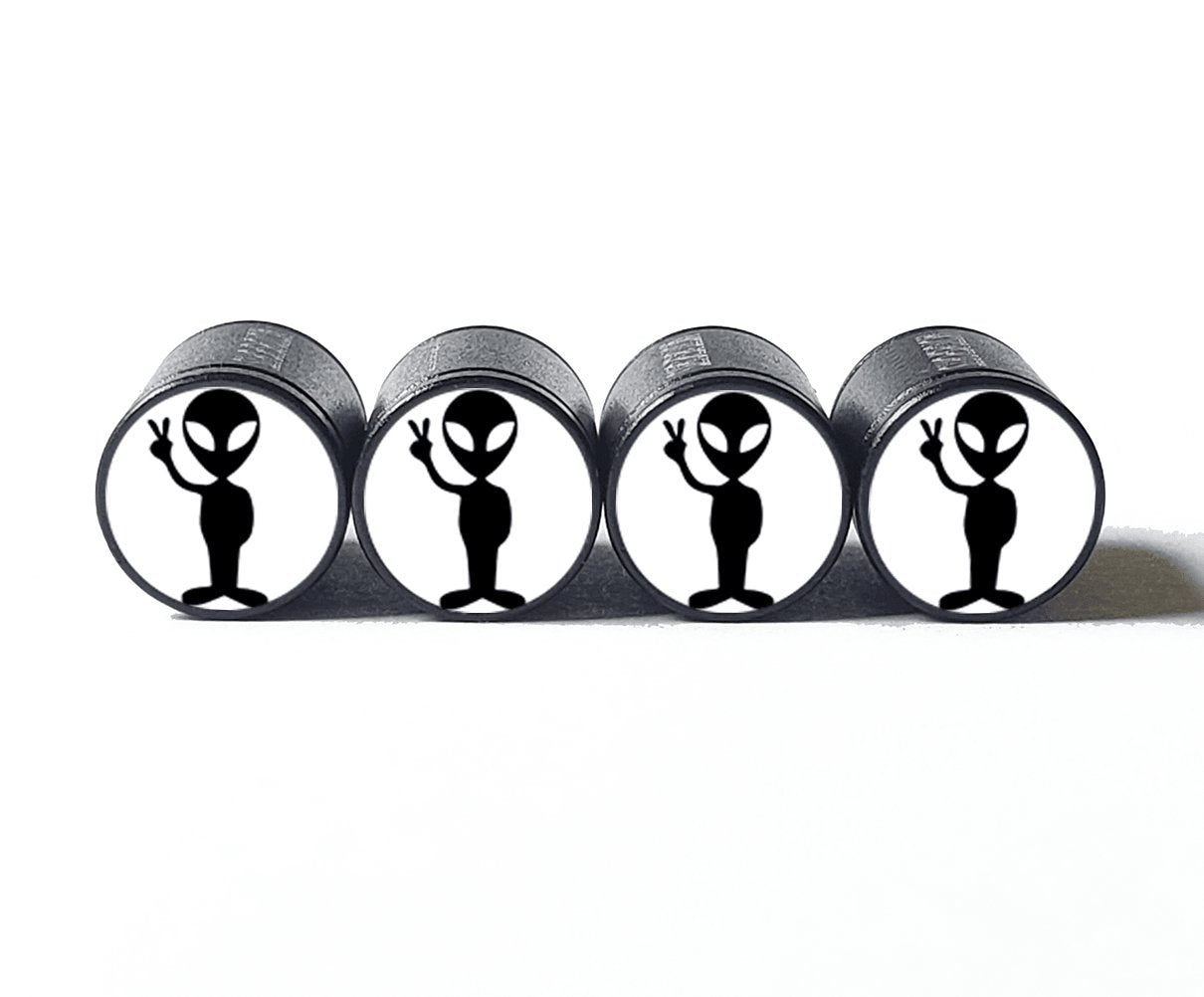 Alien Peace Sign (Style 1) Tire Valve Caps - Black Aluminum - Set of 4