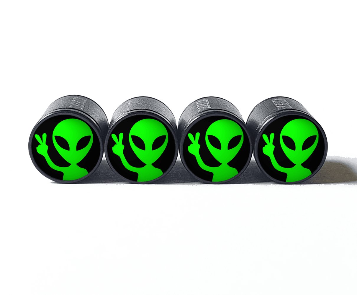 Alien Peace Sign (Style 2) Tire Valve Caps - Black Aluminum - Set of 4