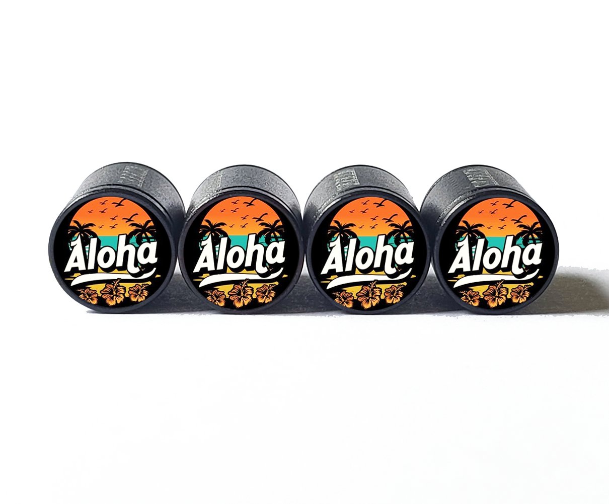 Aloha Hawaii Beach Scene Tire Valve Caps - Aluminum - Set of Four