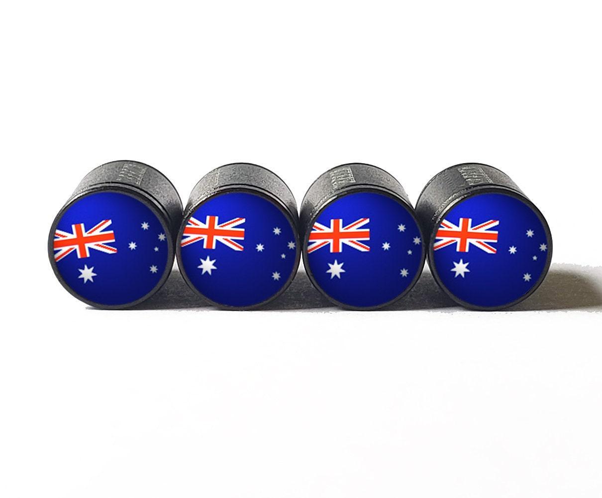 Australia Flag Tire Valve Stem Caps - Black, Aluminum - Set of Four