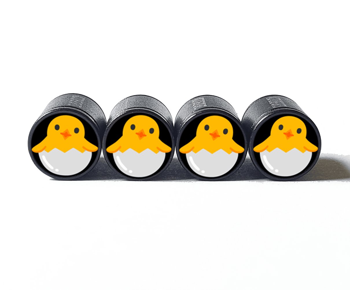 Baby Chick Chicken Emoji Tire Valve Caps - Black Aluminum - Set of 4