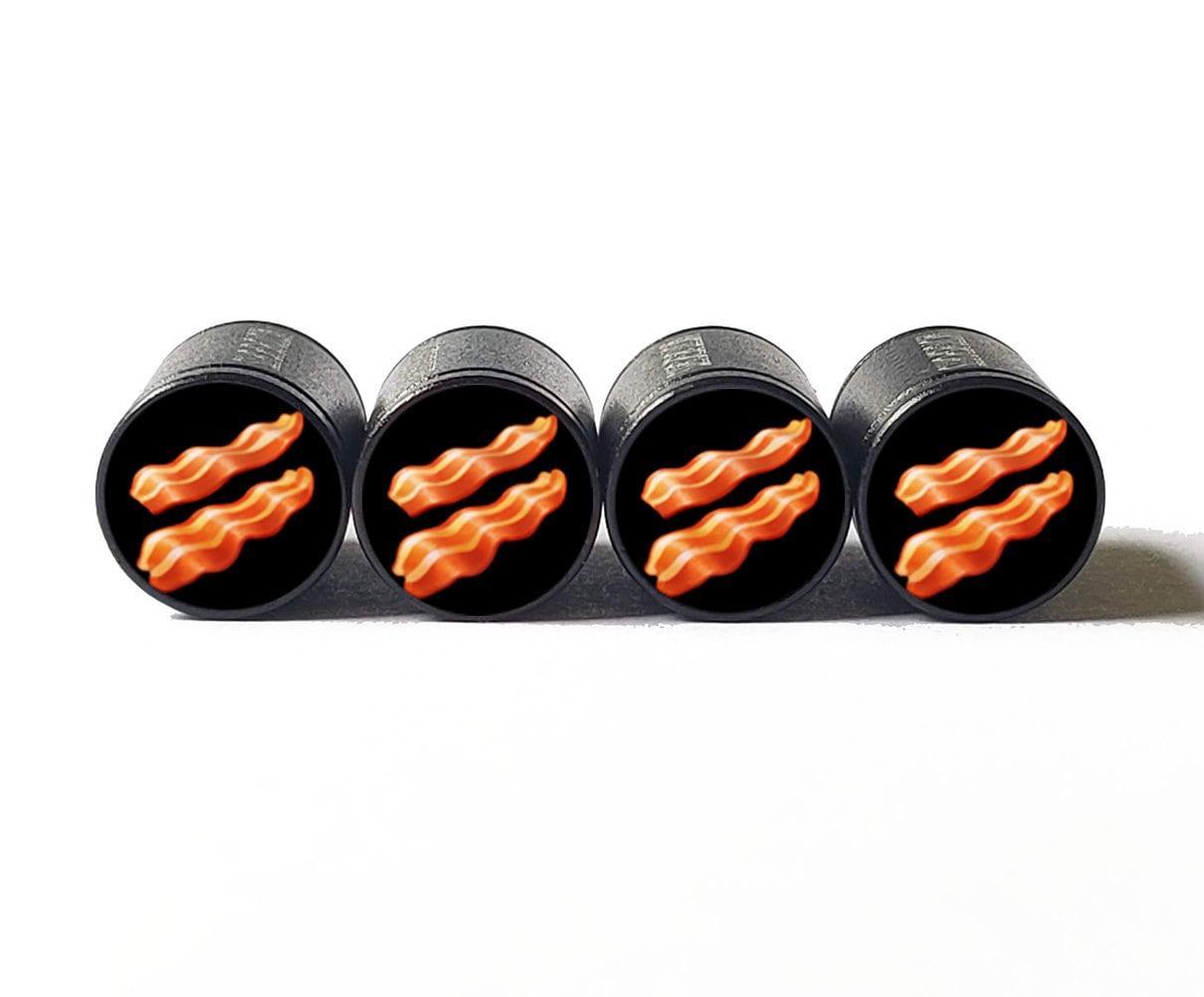 Bacon Strips Emoji Tire Valve Stem Caps - Black Aluminum - Set of Four