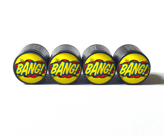 Bang Comic Action Word Tire Valve Caps - Black Aluminum - Set of 4