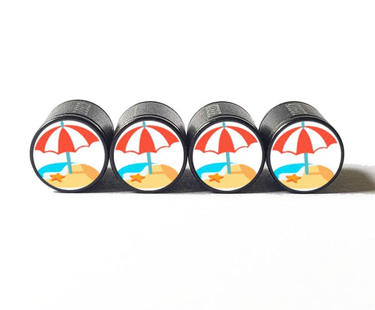 Beach with Umbrella Emoji Tire Valve Caps - Black Aluminum - Set of 4