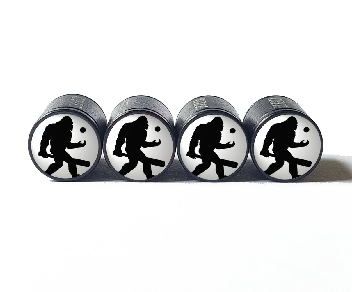 Bigfoot Sasquatch Baseball Player Tire Valve Caps - Black Aluminum - Set of Four