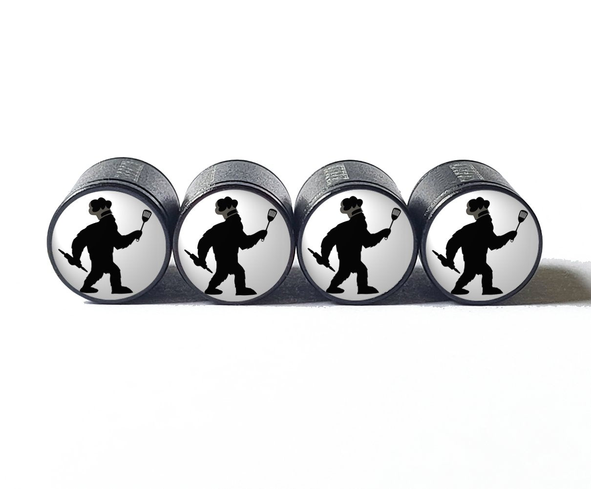 Bigfoot Sasquatch Chef Cooking Tire Valve Caps - Black Aluminum - Set of Four