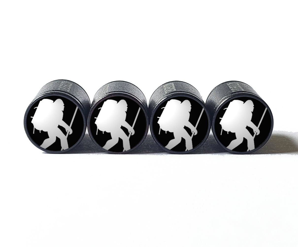 Bigfoot Sasquatch Hiking Tire Valve Caps - Black Aluminum - Set of Four