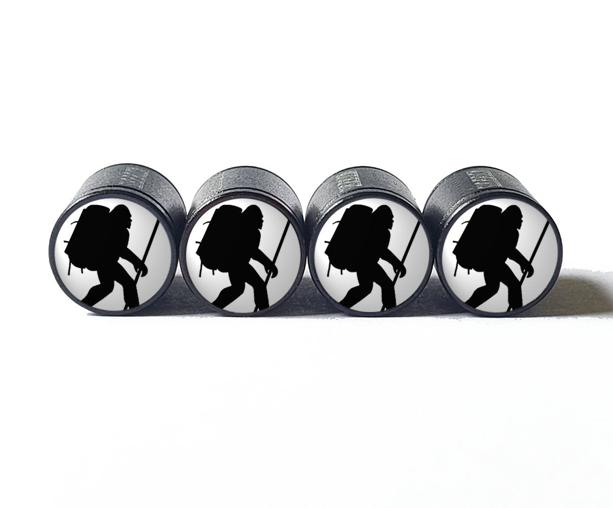 Bigfoot Sasquatch Hiking Tire Valve Caps - Black Aluminum - Set of Four