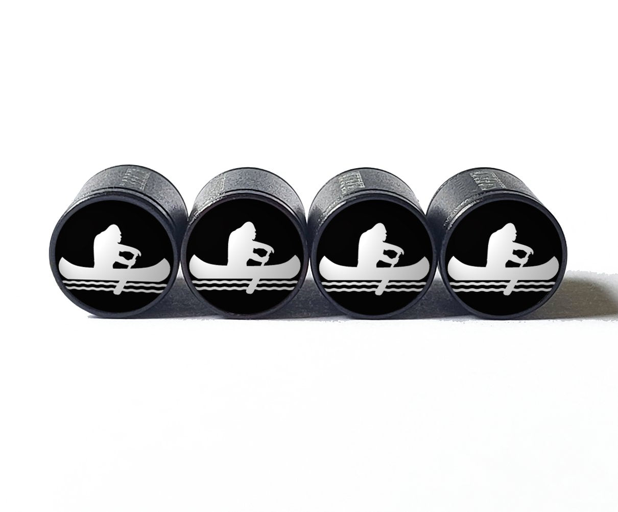 Bigfoot Sasquatch in a Canoe Tire Valve Caps - Black Aluminum - Set of Four