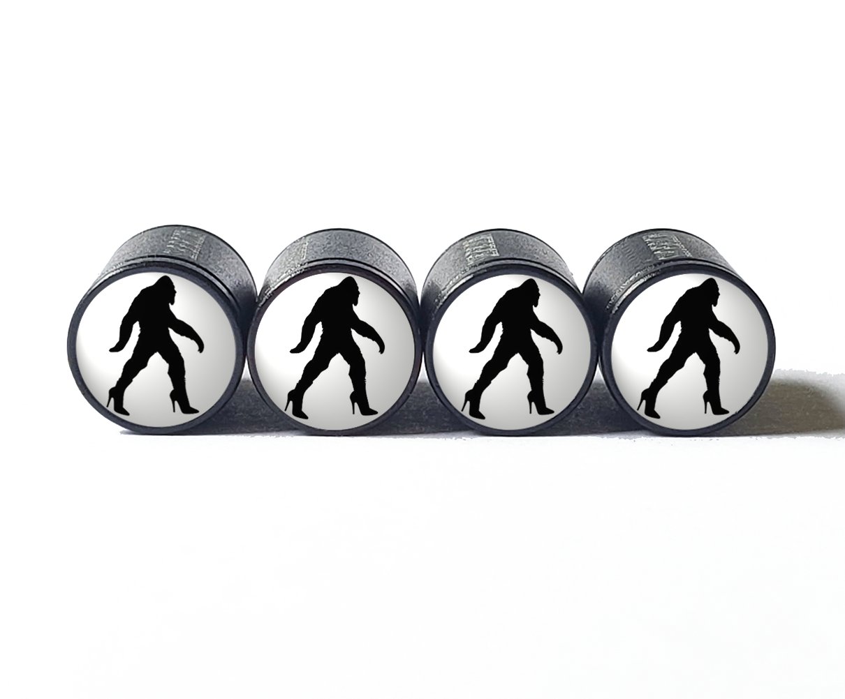 Bigfoot Sasquatch in High Heels Tire Valve Caps - Black Aluminum - Set of Four