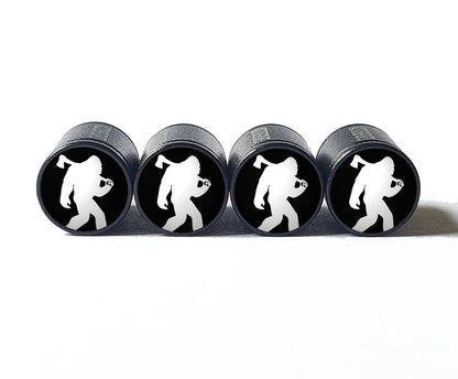 Bigfoot Sasquatch Lumberjack with Axe Tire Valve Caps - Black Aluminum - Set of Four